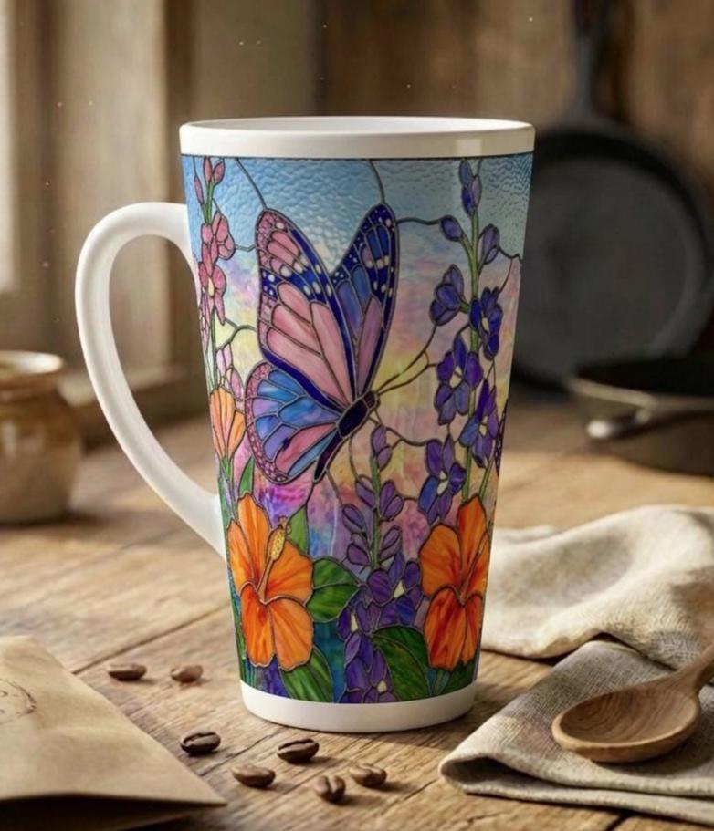 Set of 3 Cups, Butterfly, 17oz Latte Ceramic Mugs Set - Extra Tall Cup Set