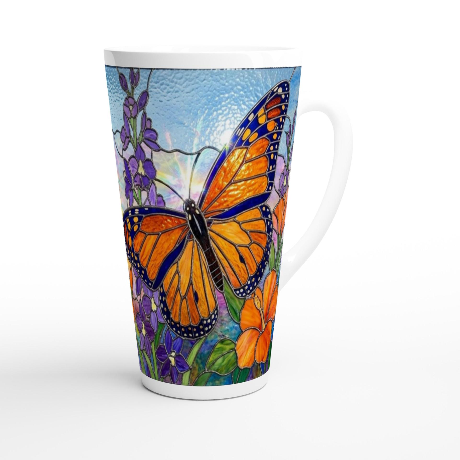Set of 3 Cups, Butterfly, 17oz Latte Ceramic Mugs Set - Extra Tall Cup Set