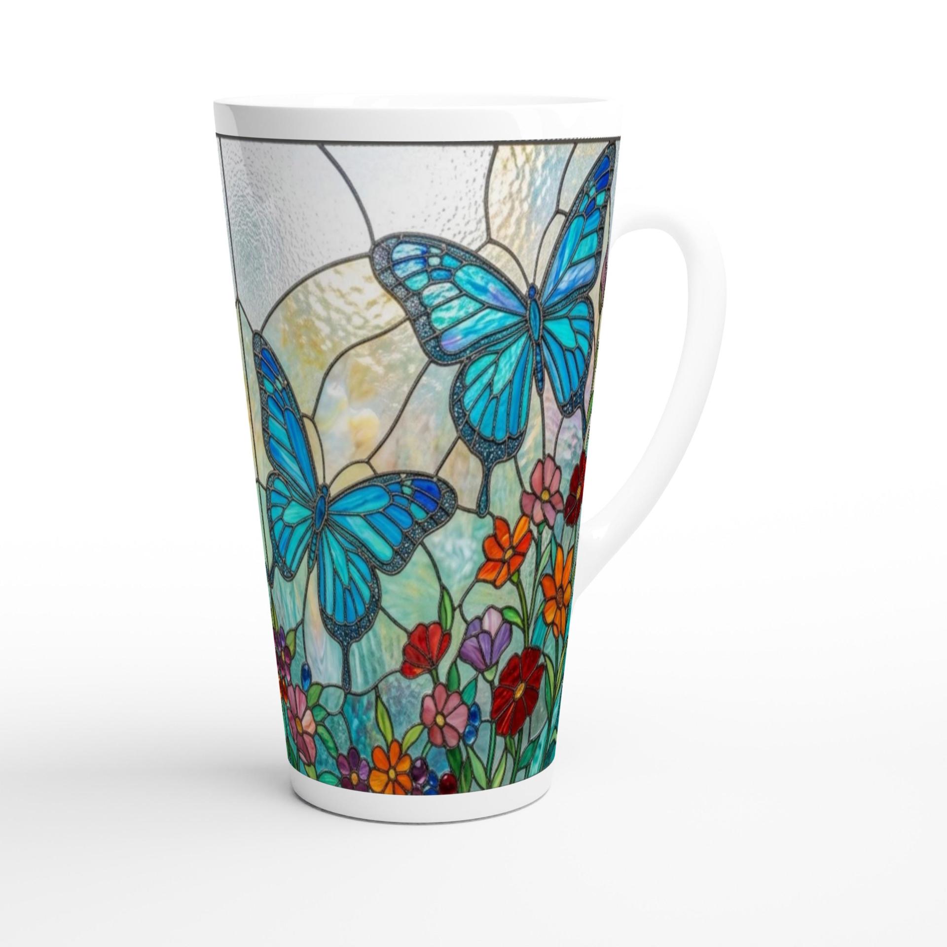 Set of 3 Cups, Butterfly, 17oz Latte Ceramic Mugs Set - Extra Tall Cup Set