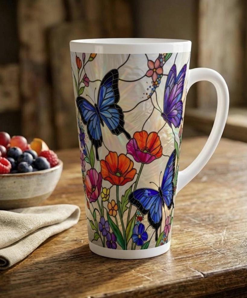 Set of 3 Cups, Butterfly, 17oz Latte Ceramic Mugs Set - Extra Tall Cup Set