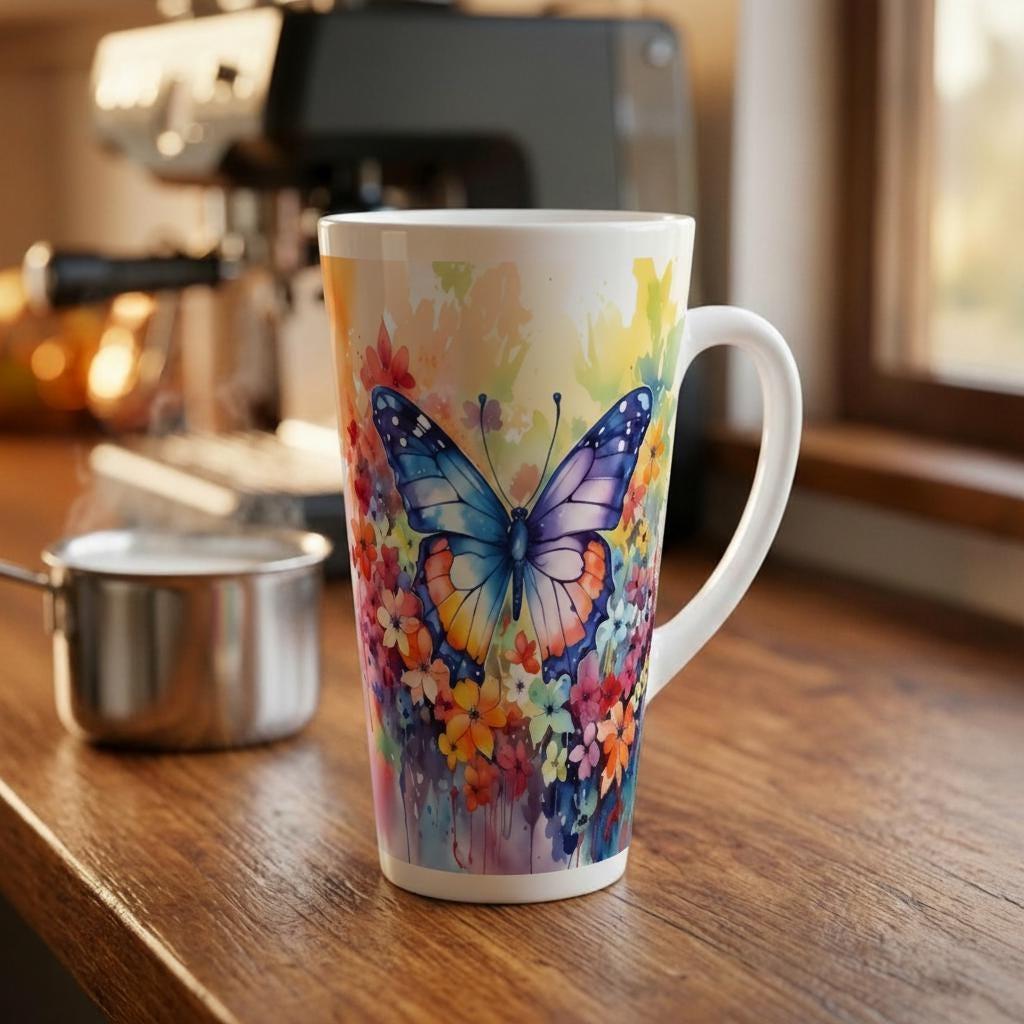 Set of 3 Cups, Butterfly, 17oz Latte Ceramic Mugs Set - Extra Tall Cup Set