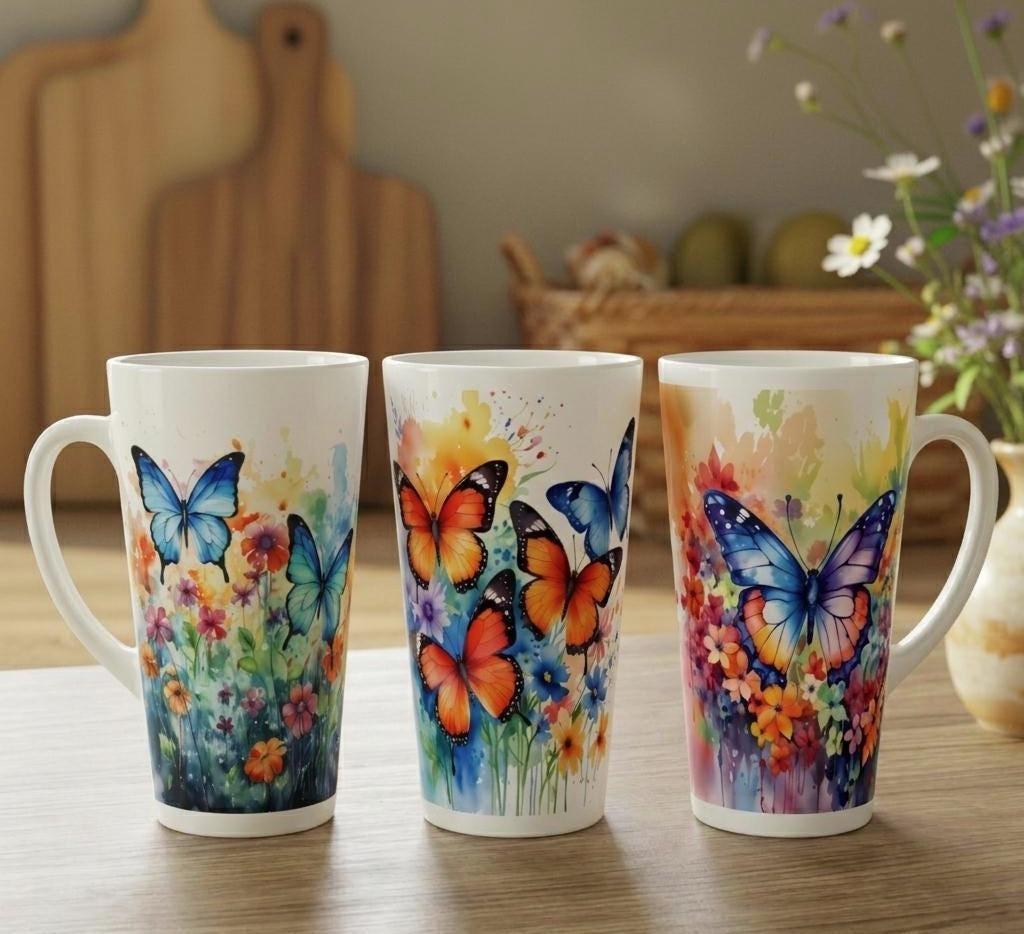 Set of 3 Cups, Butterfly, 17oz Latte Ceramic Mugs Set - Extra Tall Cup Set