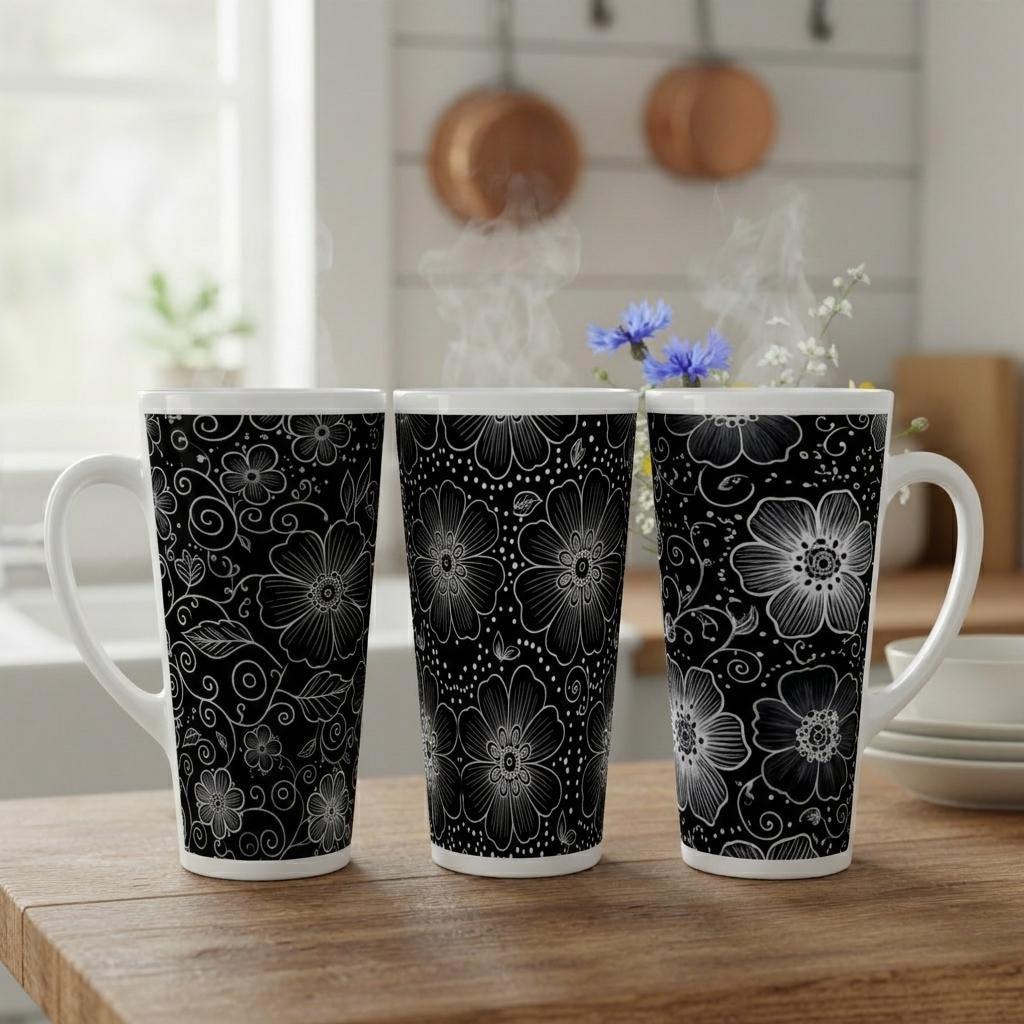 Set of 3 Cups, Floral, 17oz Latte Ceramic Mugs Set - Extra Tall Cup Set