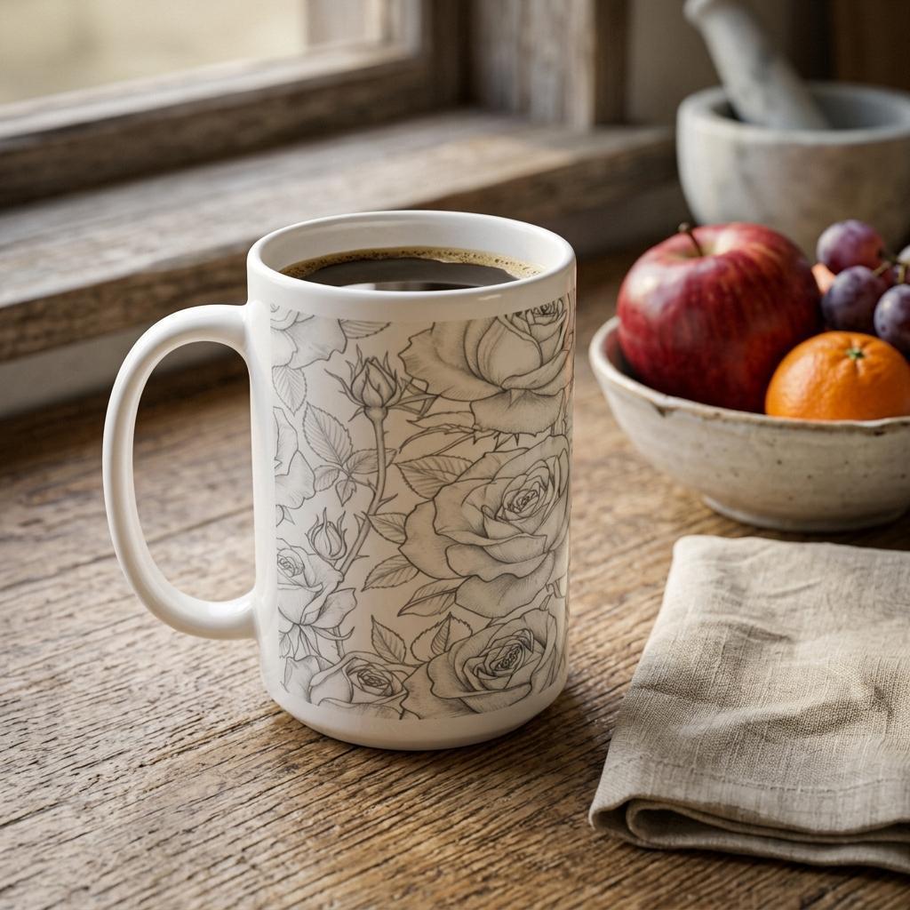 Set of Big Mugs, Floral Cup Set, Large 15 oz Matching Cups