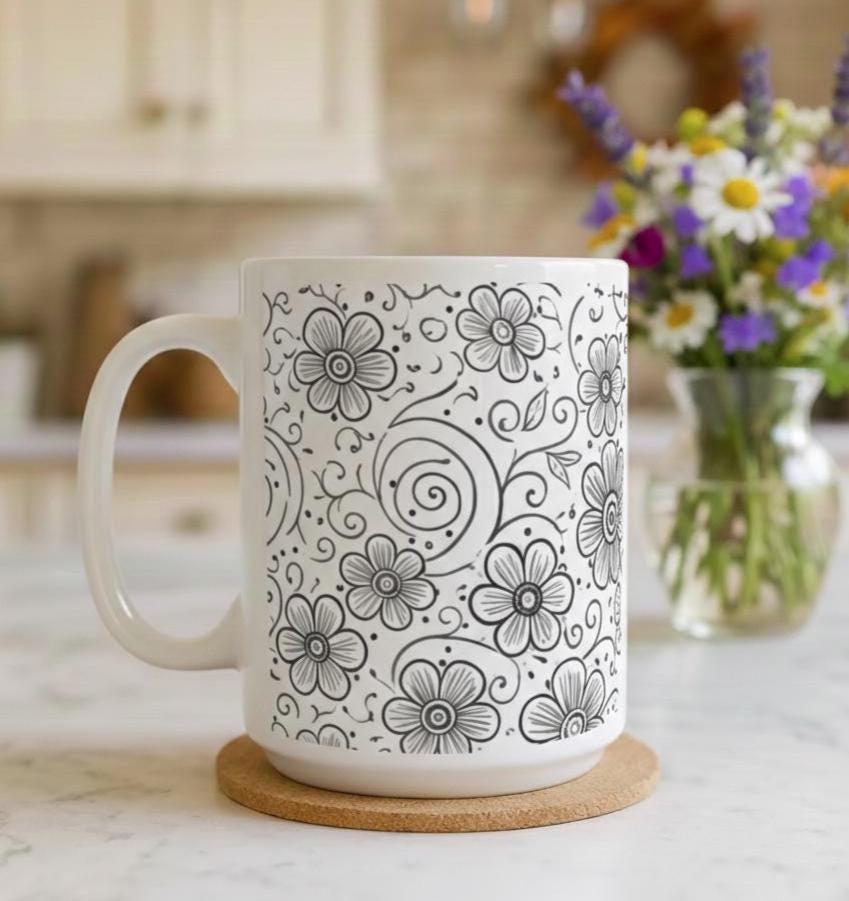 Set of Big Mugs, Floral Cup Set, Large 15 oz Matching Cups