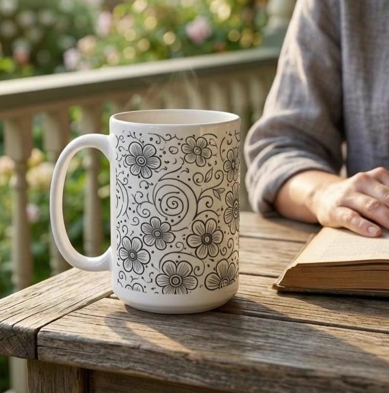 Set of Big Mugs, Floral Cup Set, Large 15 oz Matching Cups