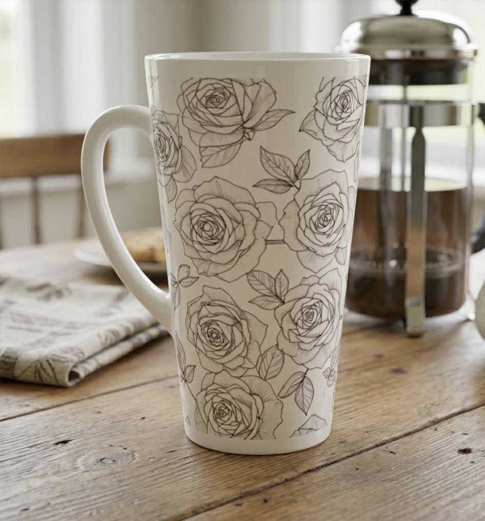 Roses - Large Latte Mug - Floral Coffee or Tea Cup, 17oz Ceramic, Extra Tall
