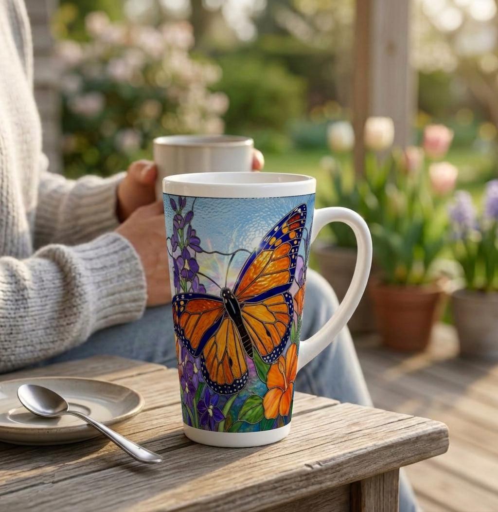 Butterfly Cup, Latte 17oz Ceramic Mug - Coffee or Tea Cup, Extra Tall