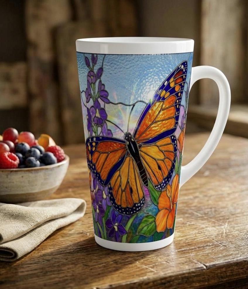 Butterfly Cup, Latte 17oz Ceramic Mug - Coffee or Tea Cup, Extra Tall