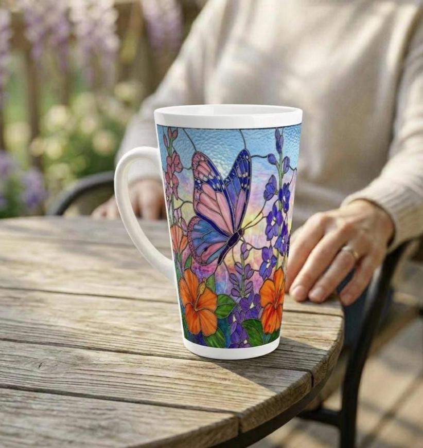 Butterfly Cup, Latte 17oz Ceramic Mug - Coffee or Tea Cup, Extra Tall
