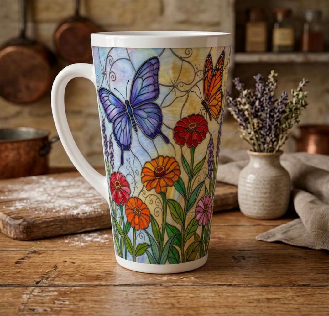 Butterfly Mug, Latte 17oz Ceramic Mug - Coffee or Tea Cup, Extra Tall
