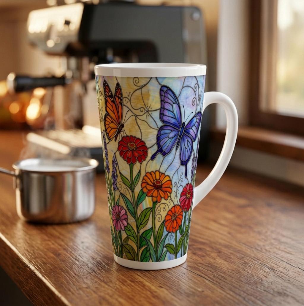 Butterfly Mug, Latte 17oz Ceramic Mug - Coffee or Tea Cup, Extra Tall
