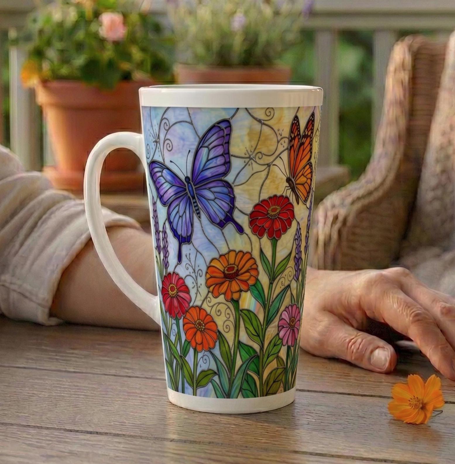 Butterfly Mug, Latte 17oz Ceramic Mug - Coffee or Tea Cup, Extra Tall