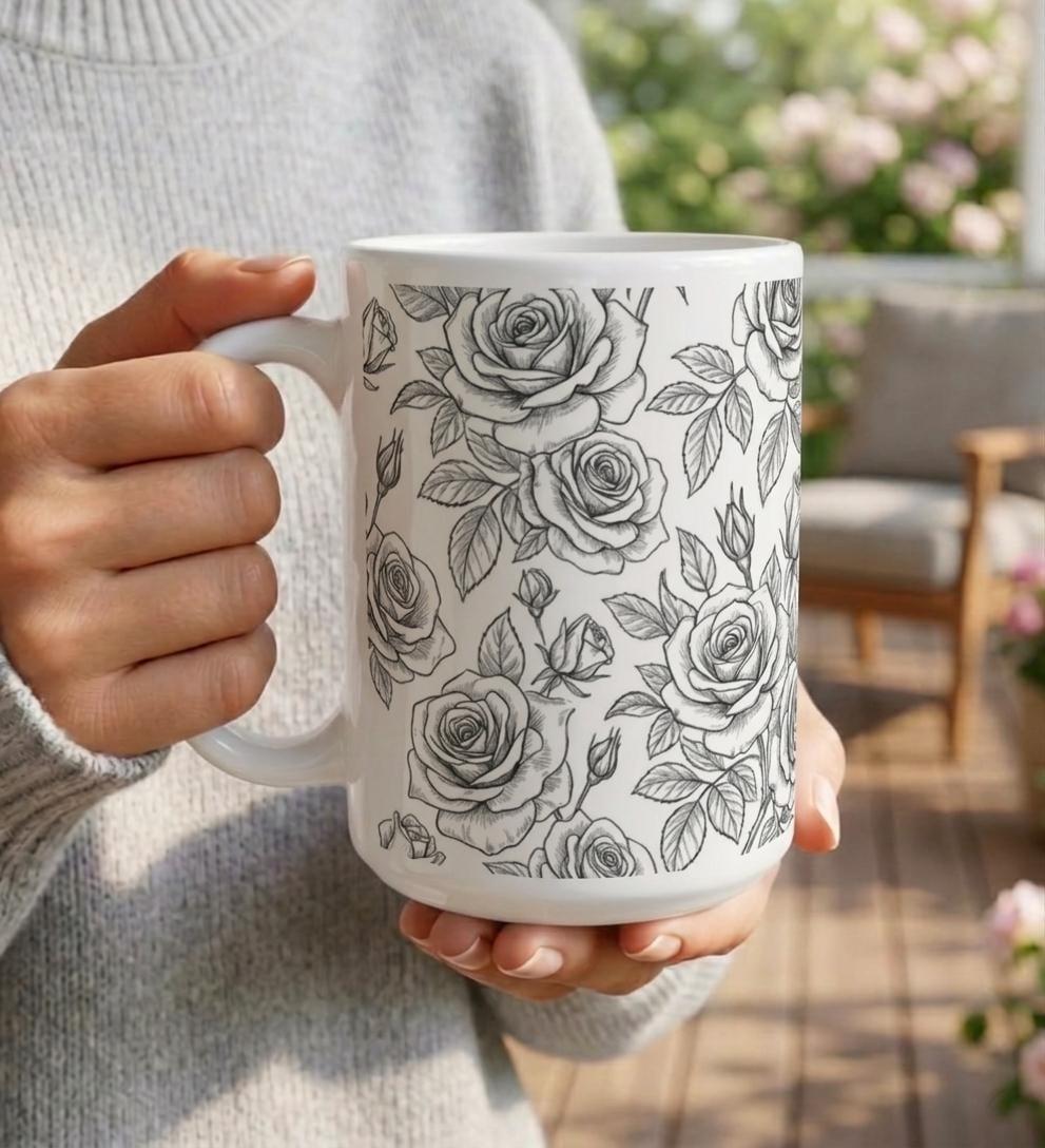 Set of Big Mugs, Floral Cup Set, Large 15 oz Matching Cups