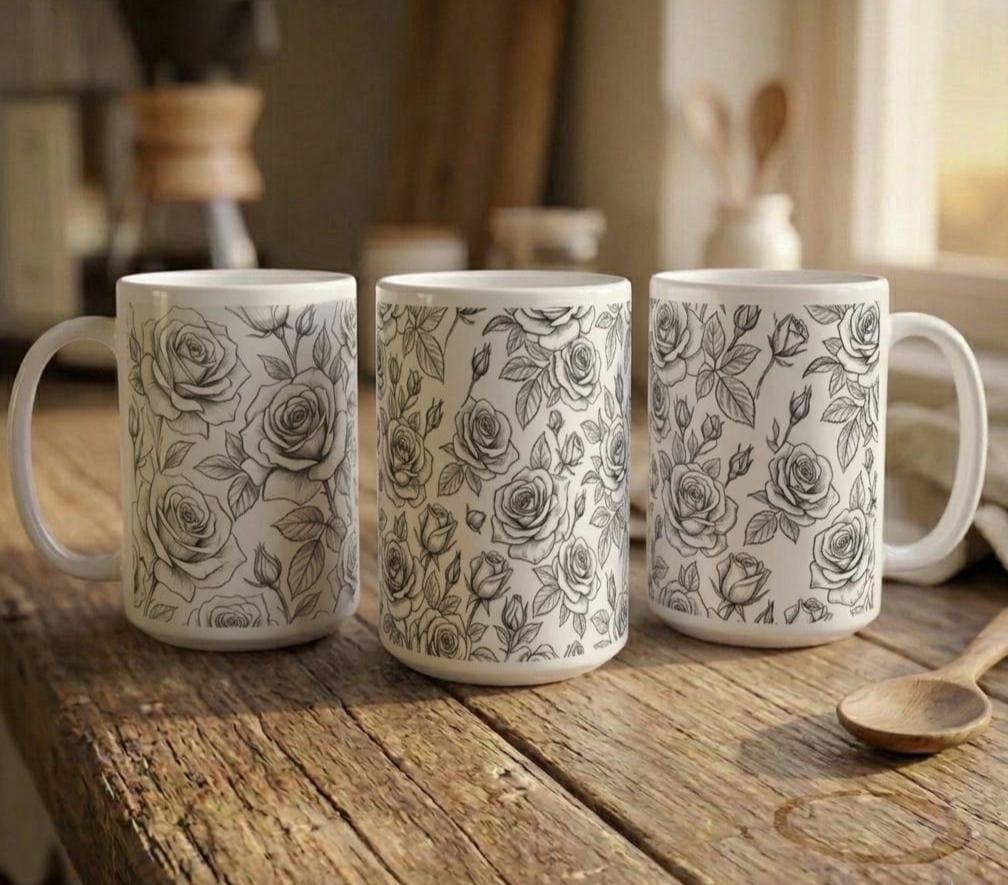 Set of Big Mugs, Floral Cup Set, Large 15 oz Matching Cups