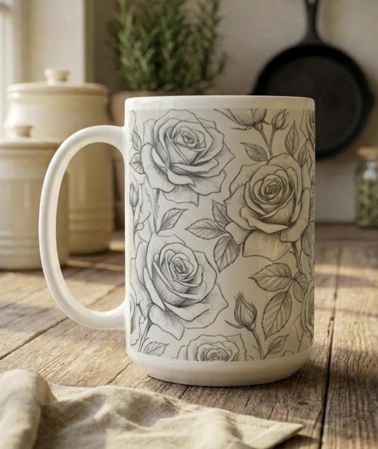 Set of Big Mugs, Floral Cup Set, Large 15 oz Matching Cups