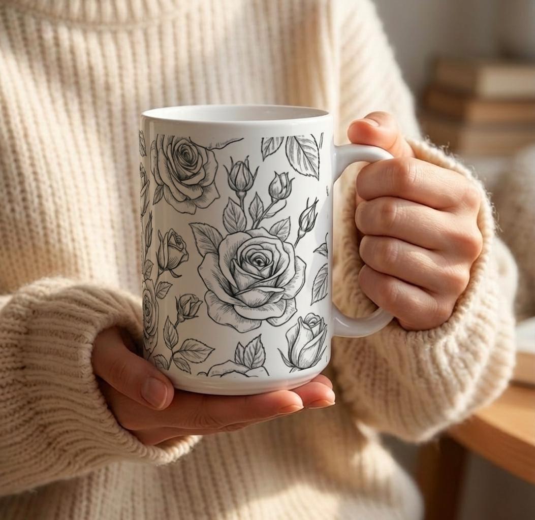 Set of Big Mugs, Floral Cup Set, Large 15 oz Matching Cups