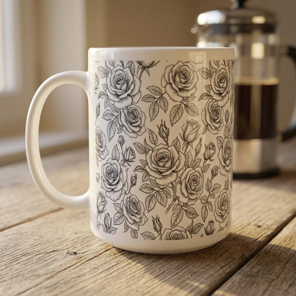 Set of Big Mugs, Floral Cup Set, Large 15 oz Matching Cups