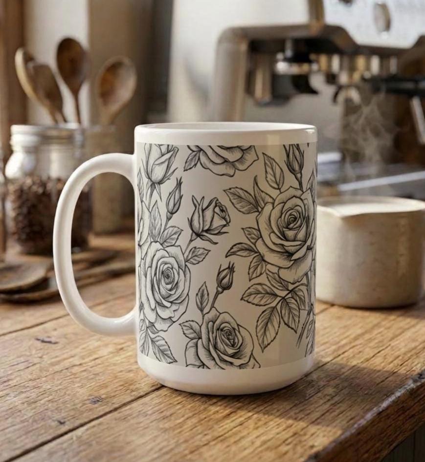 Set of Big Mugs, Floral Cup Set, Large 15 oz Matching Cups