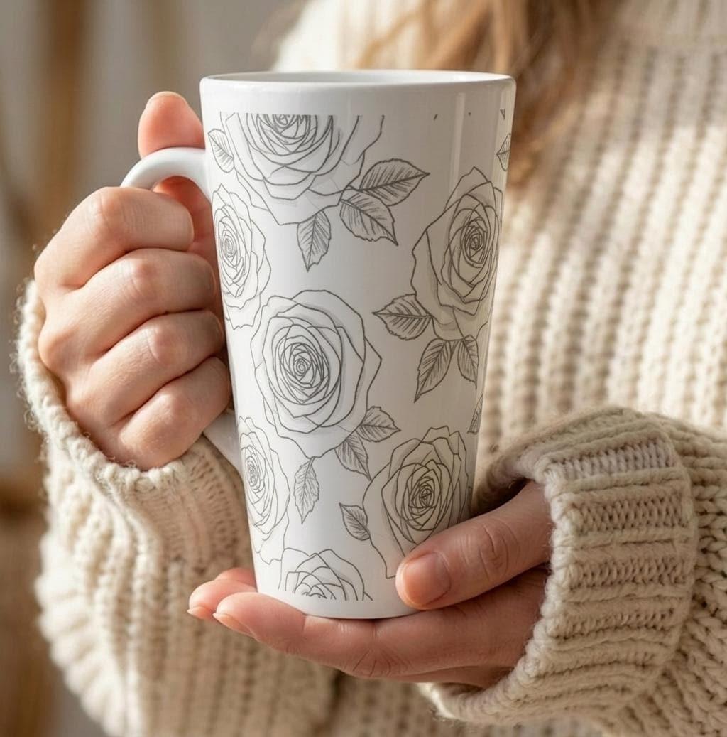 Set of 3 Cups, Floral, 17oz Latte Ceramic Mugs Set - Extra Tall Cup Set