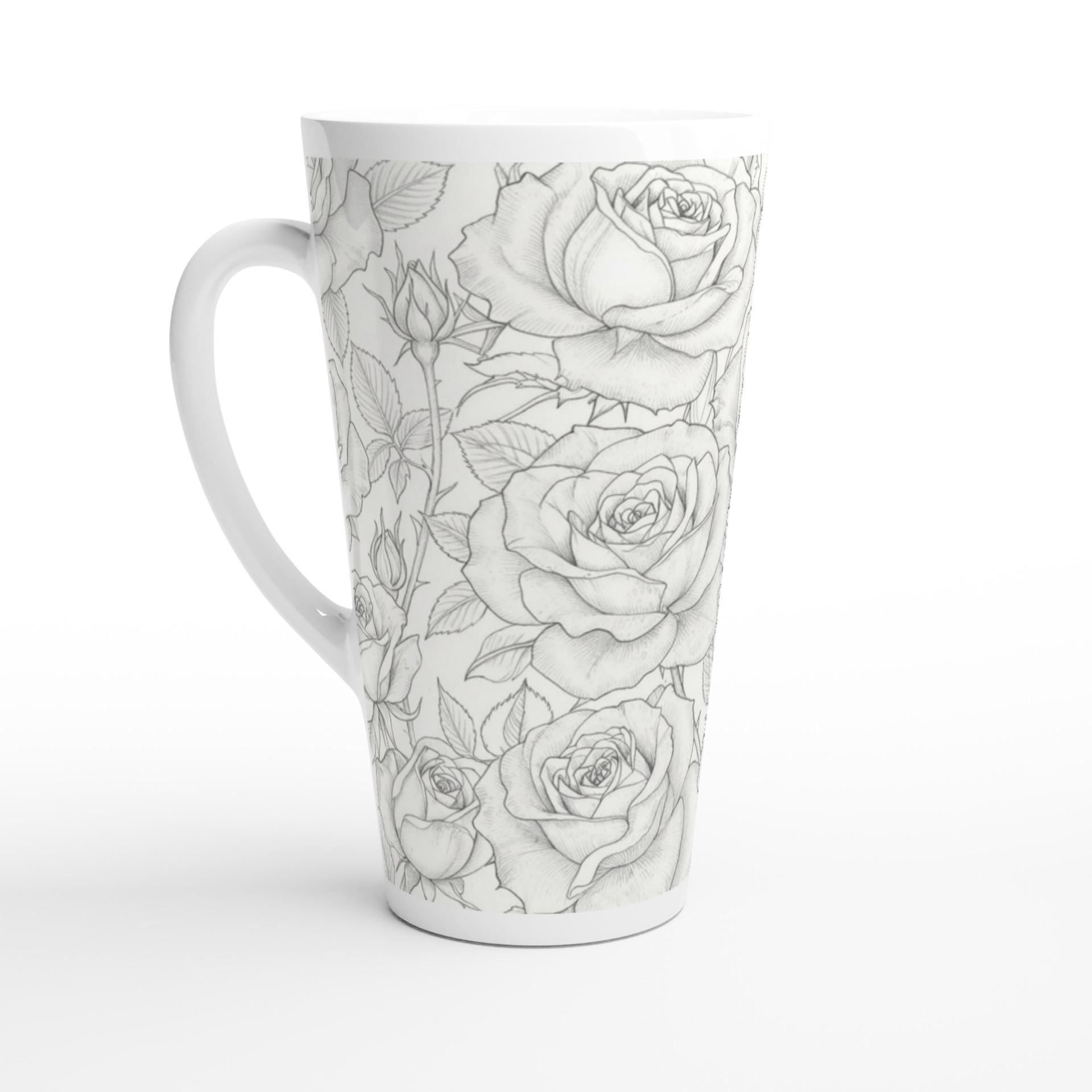 Set of 3 Cups, Floral, 17oz Latte Ceramic Mugs Set - Extra Tall Cup Set