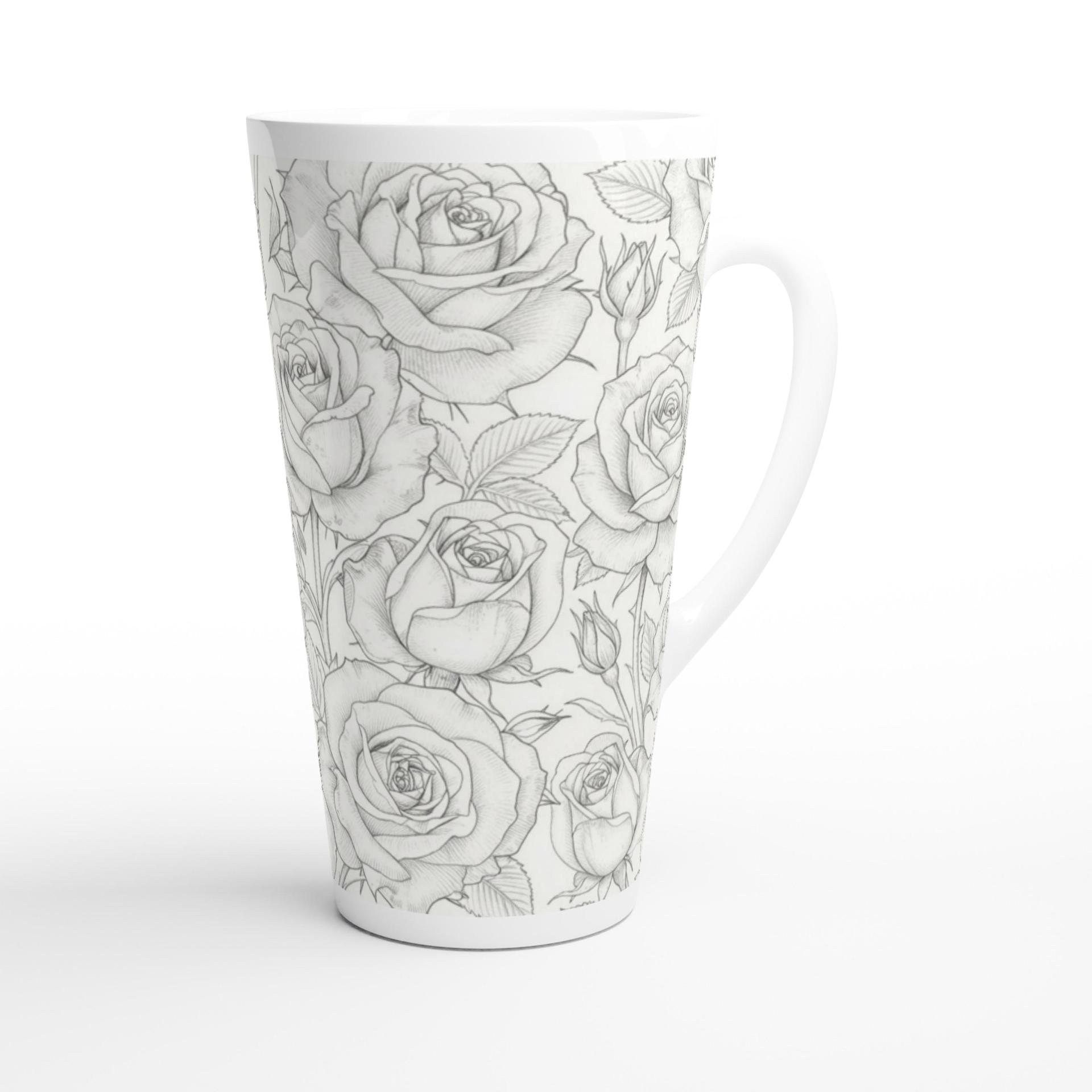 Set of 3 Cups, Floral, 17oz Latte Ceramic Mugs Set - Extra Tall Cup Set