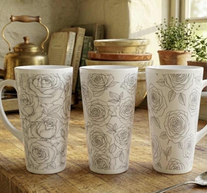 Set of 3 Cups, Floral, 17oz Latte Ceramic Mugs Set - Extra Tall Cup Set