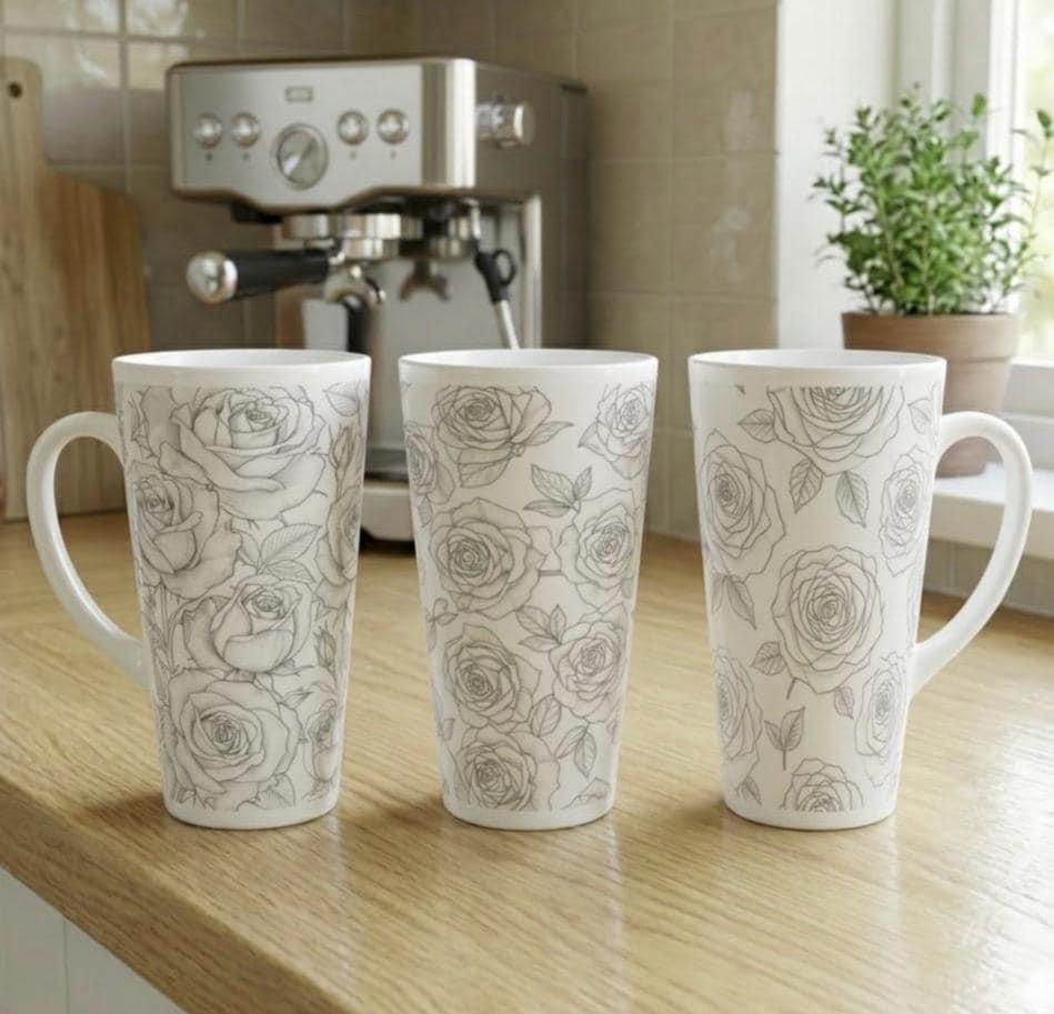 Set of 3 Cups, Floral, 17oz Latte Ceramic Mugs Set - Extra Tall Cup Set