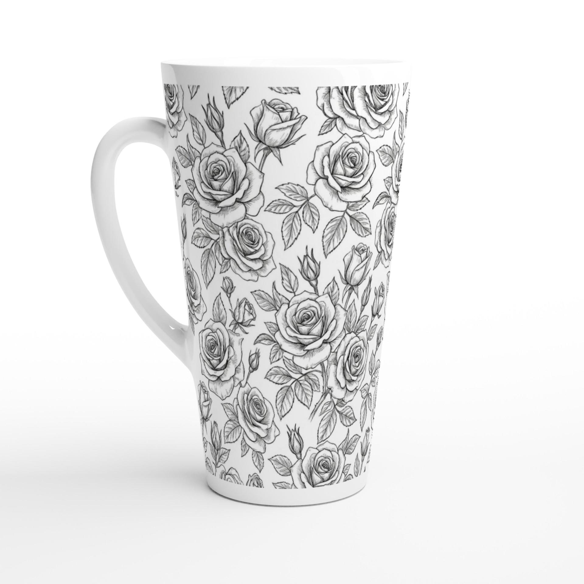 Set of 3 Cups, Floral, 17oz Latte Ceramic Mugs Set - Extra Tall Cup Set