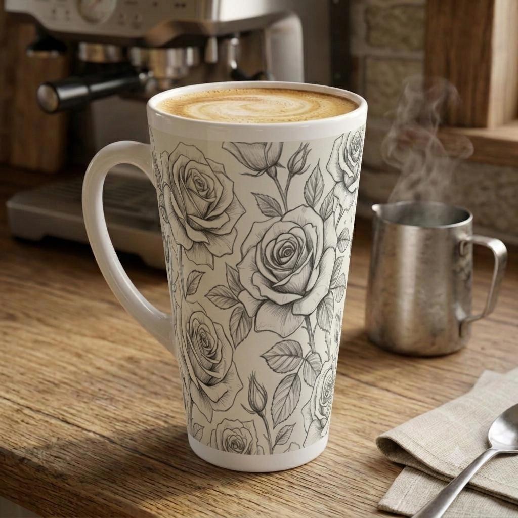 Set of 3 Cups, Floral, 17oz Latte Ceramic Mugs Set - Extra Tall Cup Set