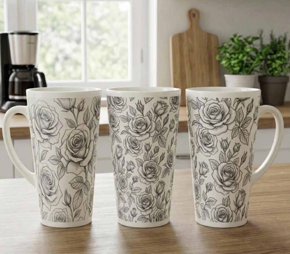 Set of 3 Cups, Floral, 17oz Latte Ceramic Mugs Set - Extra Tall Cup Set