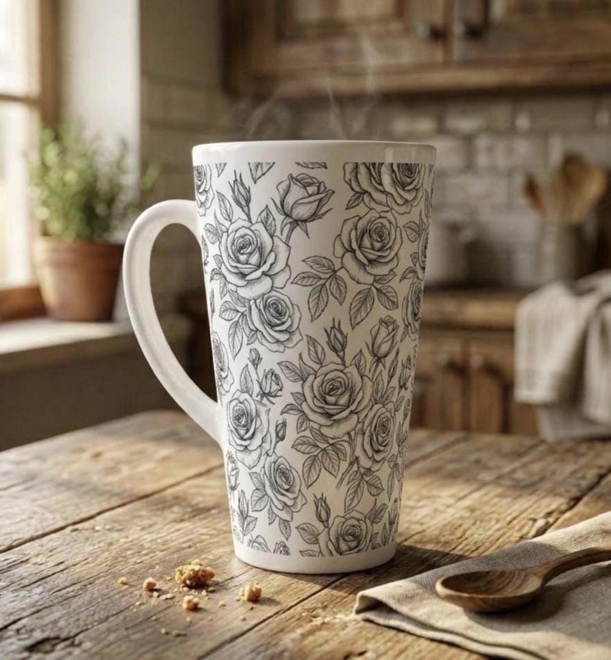 Set of 3 Cups, Floral, 17oz Latte Ceramic Mugs Set - Extra Tall Cup Set