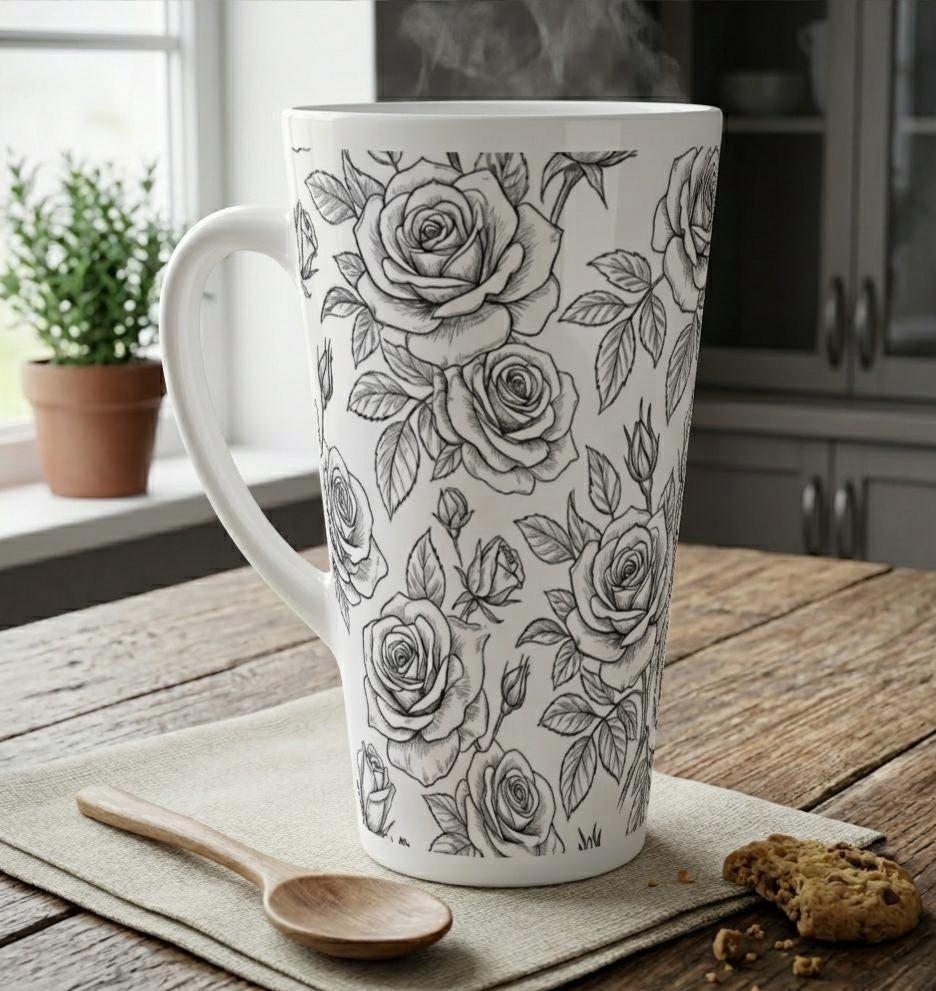 Set of 3 Cups, Floral, 17oz Latte Ceramic Mugs Set - Extra Tall Cup Set