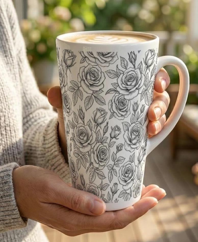 Set of 3 Cups, Floral, 17oz Latte Ceramic Mugs Set - Extra Tall Cup Set