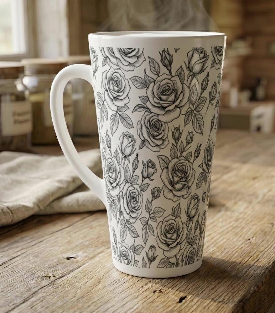 Set of 3 Cups, Floral, 17oz Latte Ceramic Mugs Set - Extra Tall Cup Set
