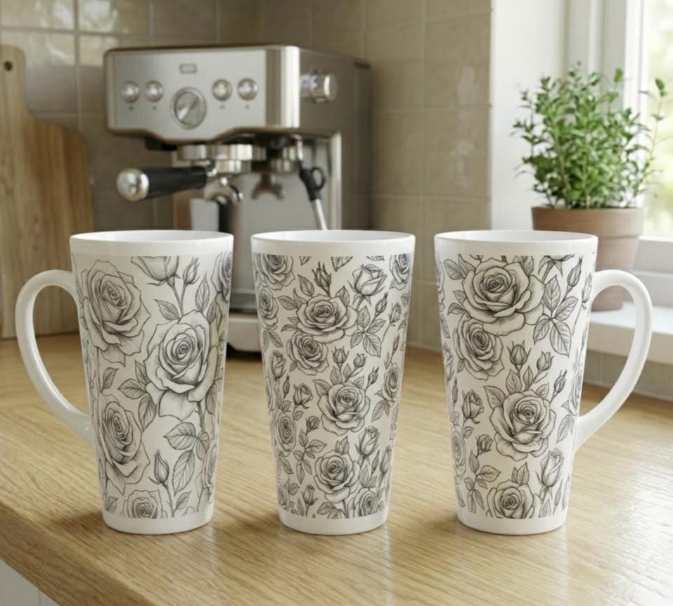 Set of 3 Cups, Floral, 17oz Latte Ceramic Mugs Set - Extra Tall Cup Set