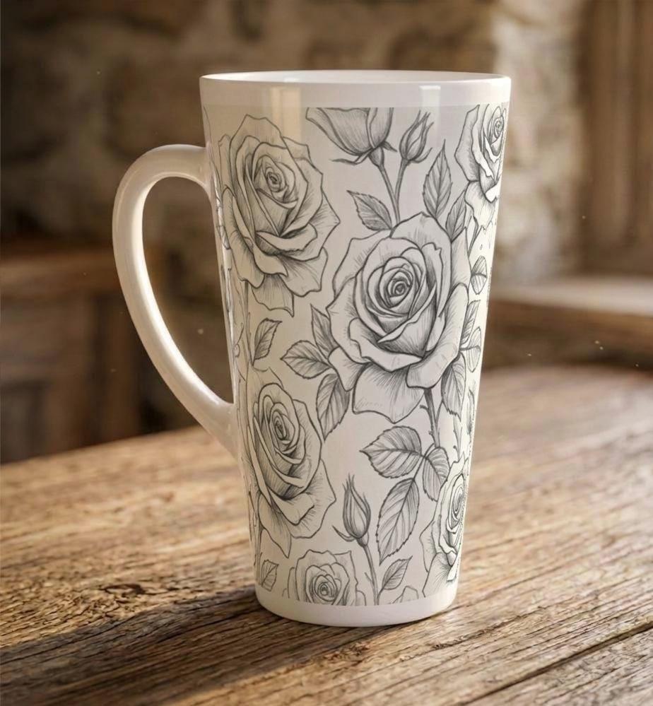 Set of 3 Cups, Floral, 17oz Latte Ceramic Mugs Set - Extra Tall Cup Set