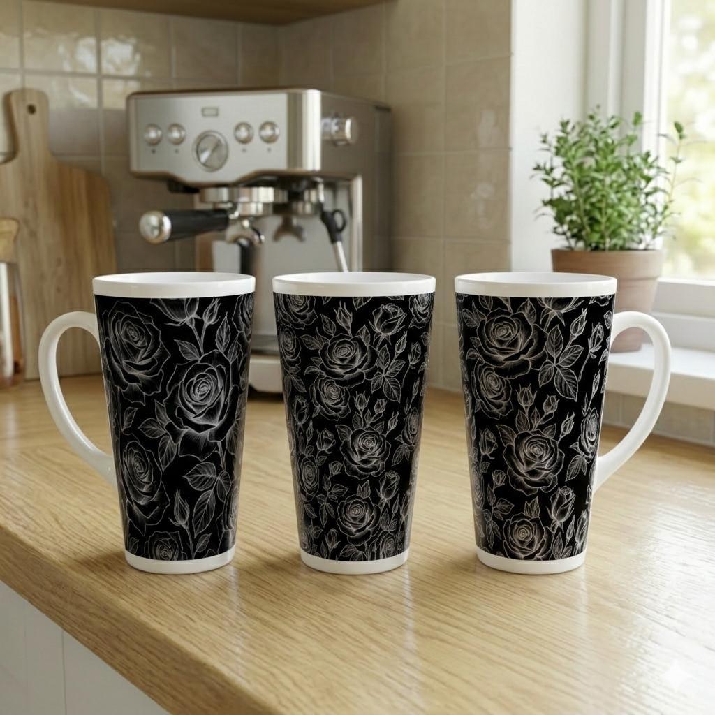 Set of 3 Cups, Floral, 17oz Latte Ceramic Mugs Set - Extra Tall Cup Set