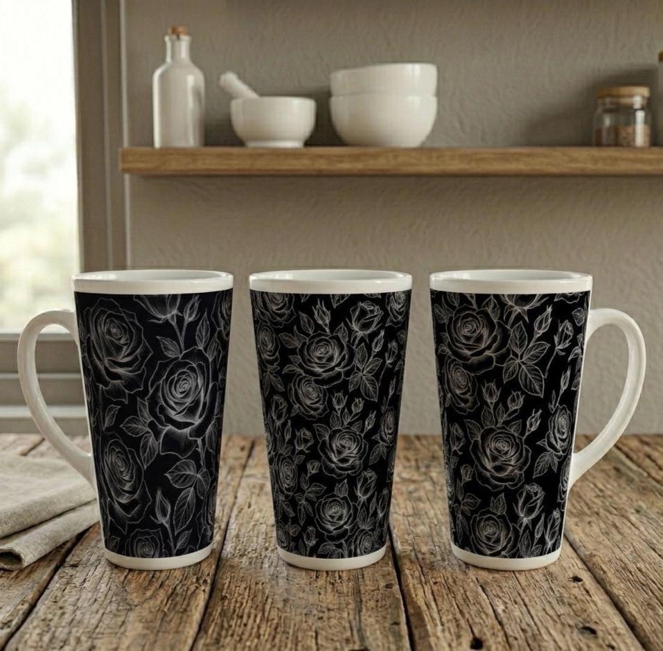 Set of 3 Cups, Floral, 17oz Latte Ceramic Mugs Set - Extra Tall Cup Set
