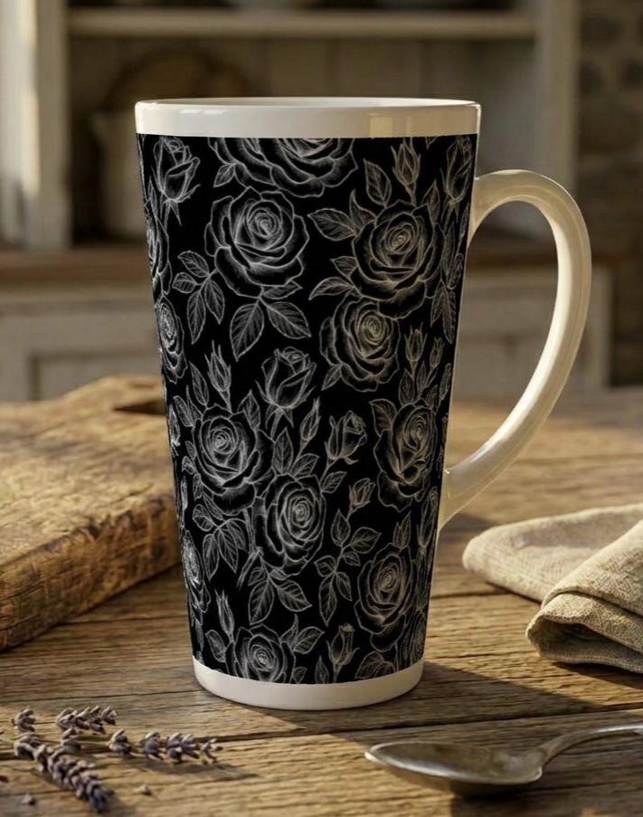 Set of 3 Cups, Floral, 17oz Latte Ceramic Mugs Set - Extra Tall Cup Set