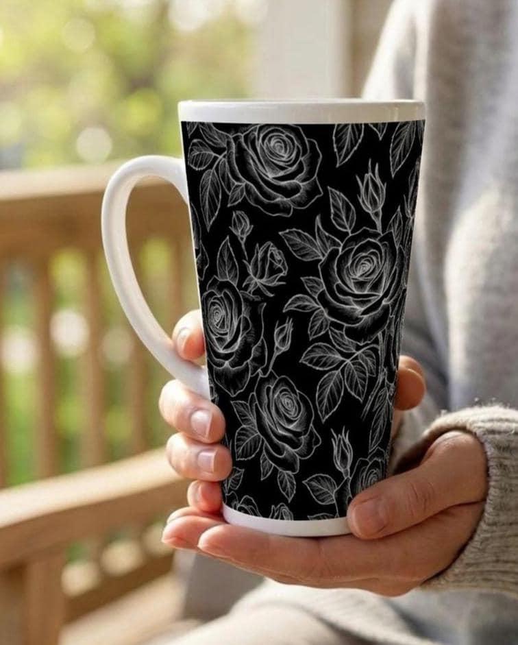 Set of 3 Cups, Floral, 17oz Latte Ceramic Mugs Set - Extra Tall Cup Set