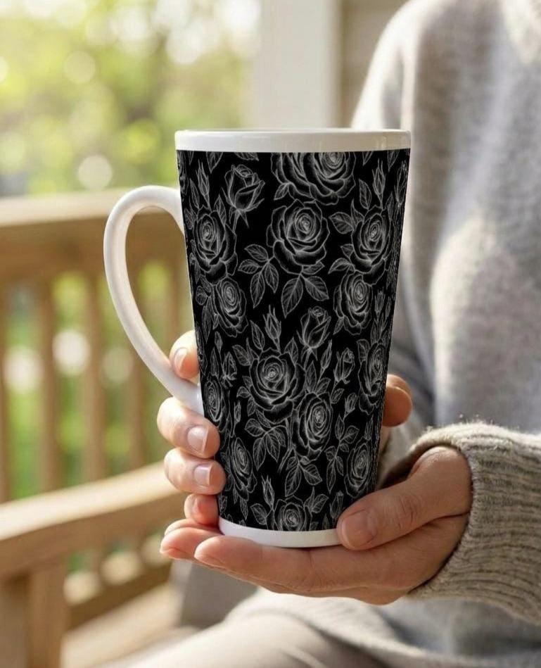 Set of 3 Cups, Floral, 17oz Latte Ceramic Mugs Set - Extra Tall Cup Set