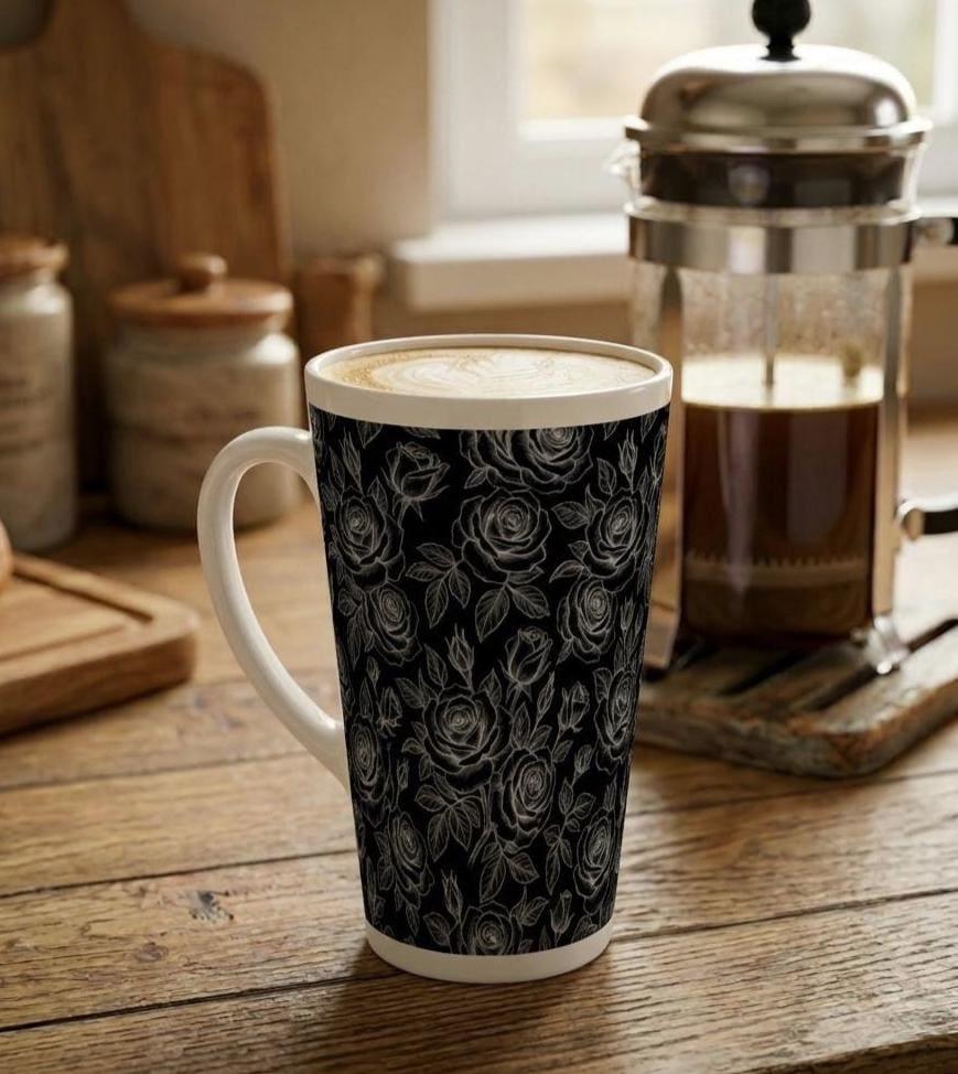 Set of 3 Cups, Floral, 17oz Latte Ceramic Mugs Set - Extra Tall Cup Set