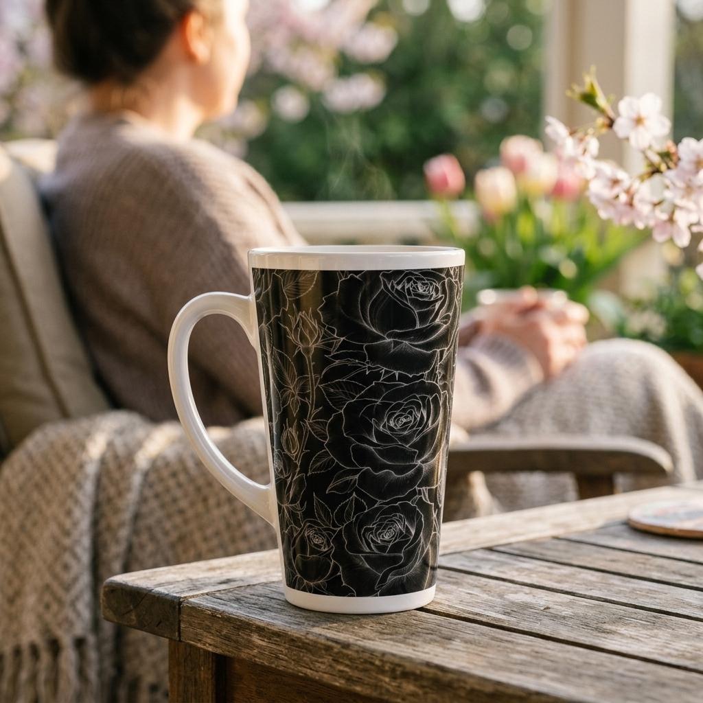 Set of 3 Cups, Floral, 17oz Latte Ceramic Mugs Set - Extra Tall Cup Set