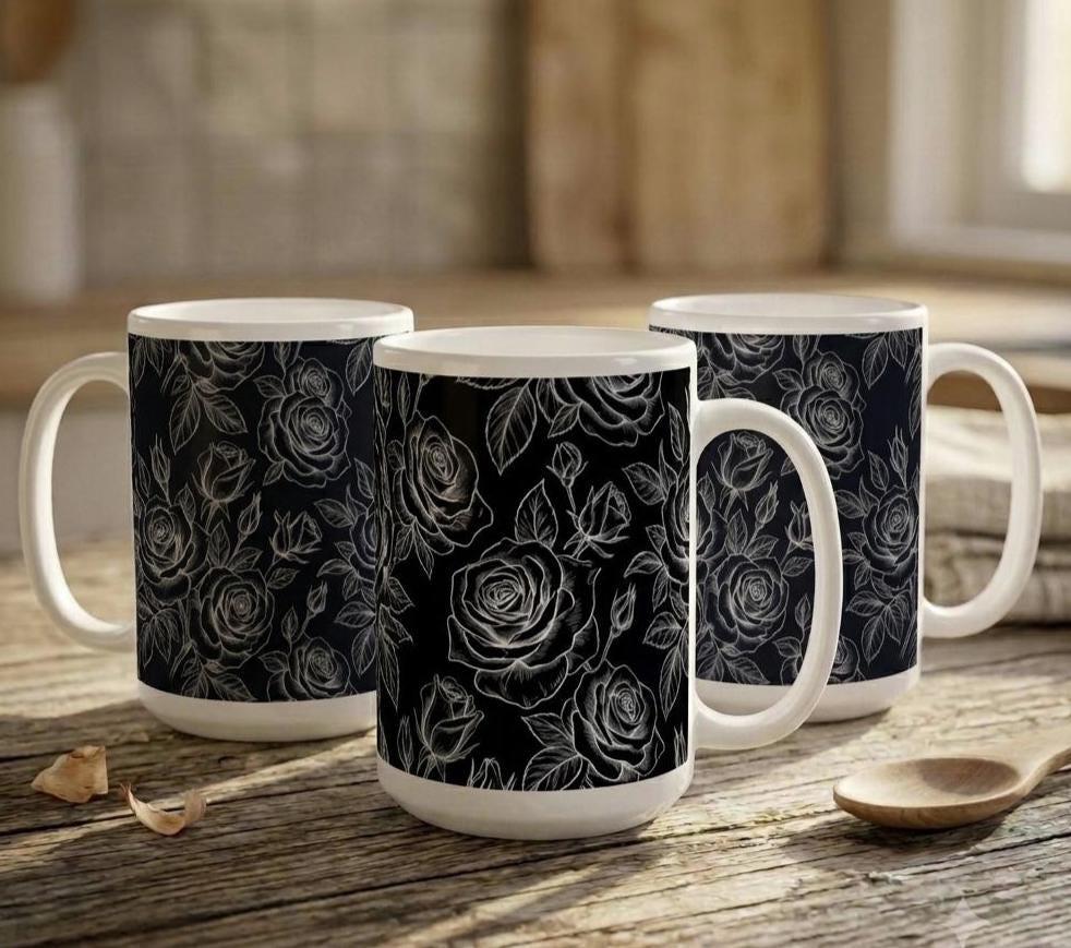 Set of Big Mugs, Floral Cup Set, Large 15 oz Matching Cups