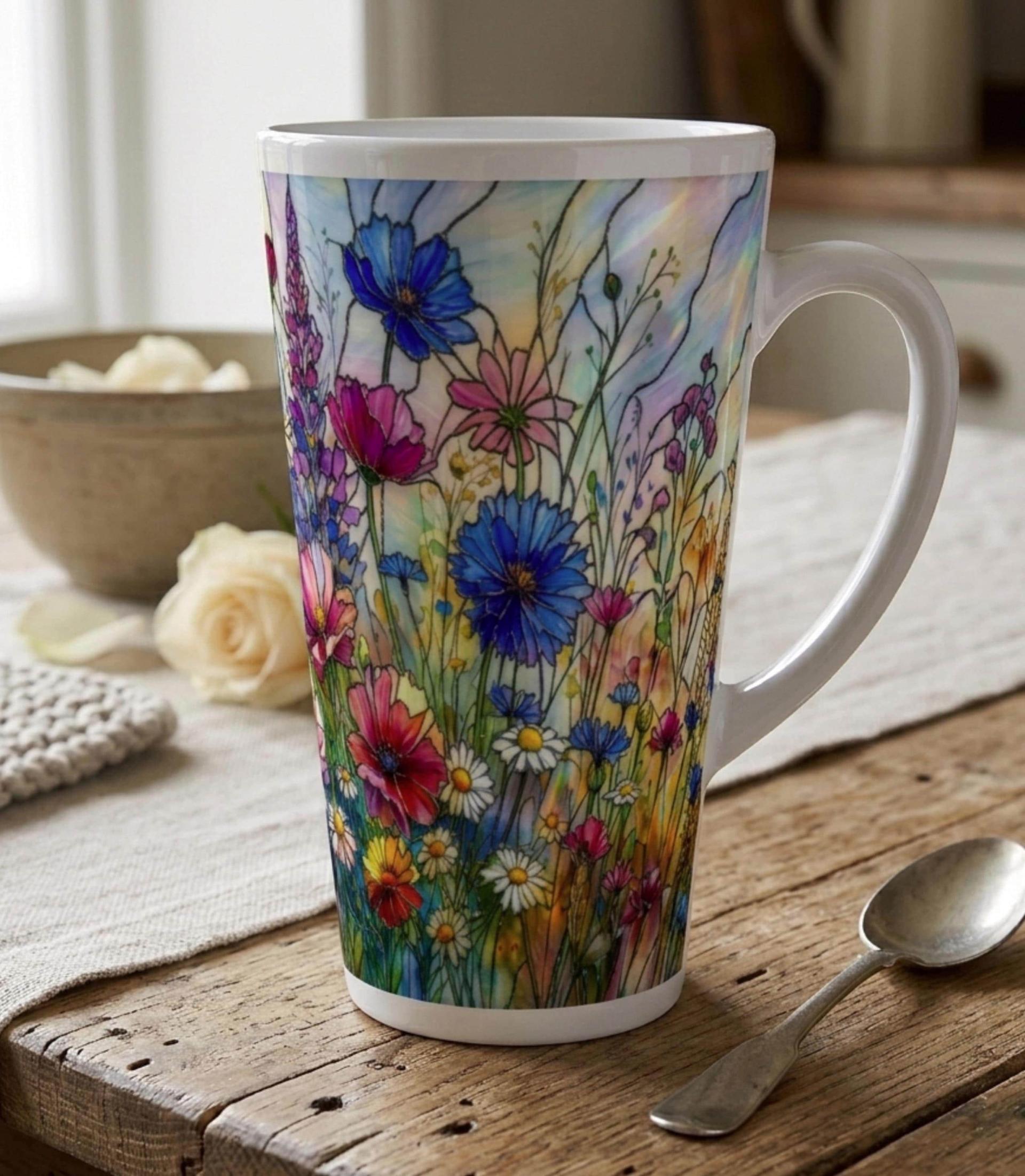 Large Floral Mugs, Latte Mug - Coffee or Tea Cup, Extra Tall, 17oz Ceramic