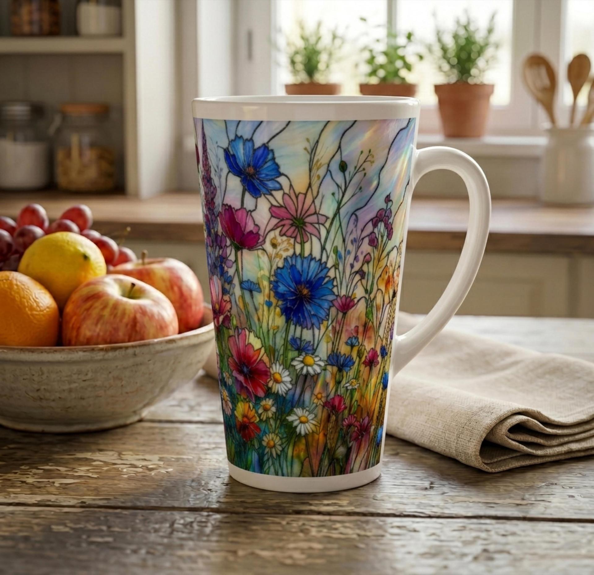 Large Floral Mugs, Latte Mug - Coffee or Tea Cup, Extra Tall, 17oz Ceramic
