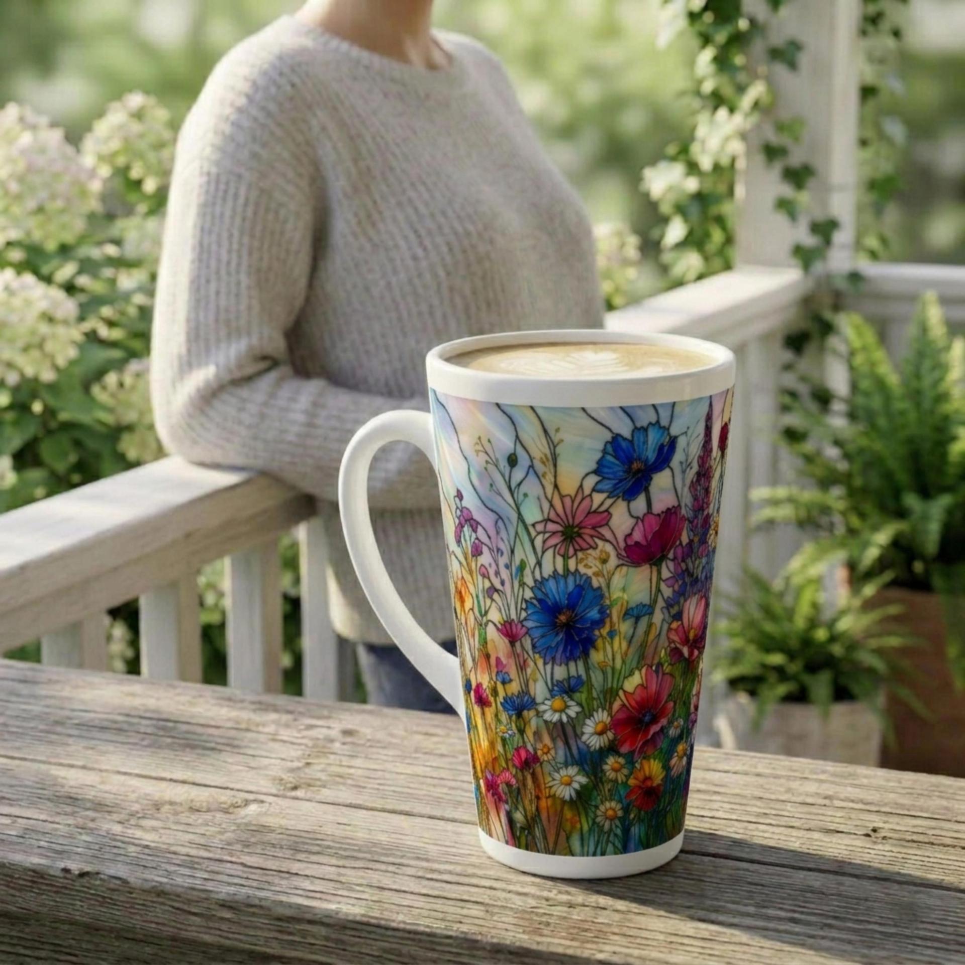 Large Floral Mugs, Latte Mug - Coffee or Tea Cup, Extra Tall, 17oz Ceramic