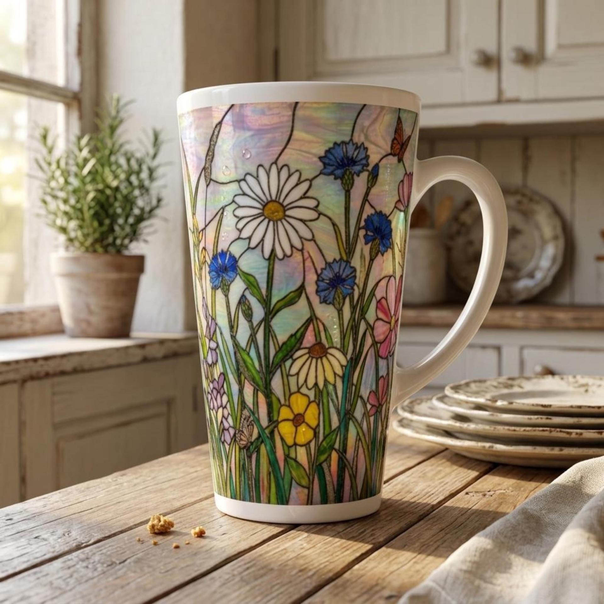 Floral - Latte 17oz Ceramic Mug - Coffee or Tea Cup, Extra Tall