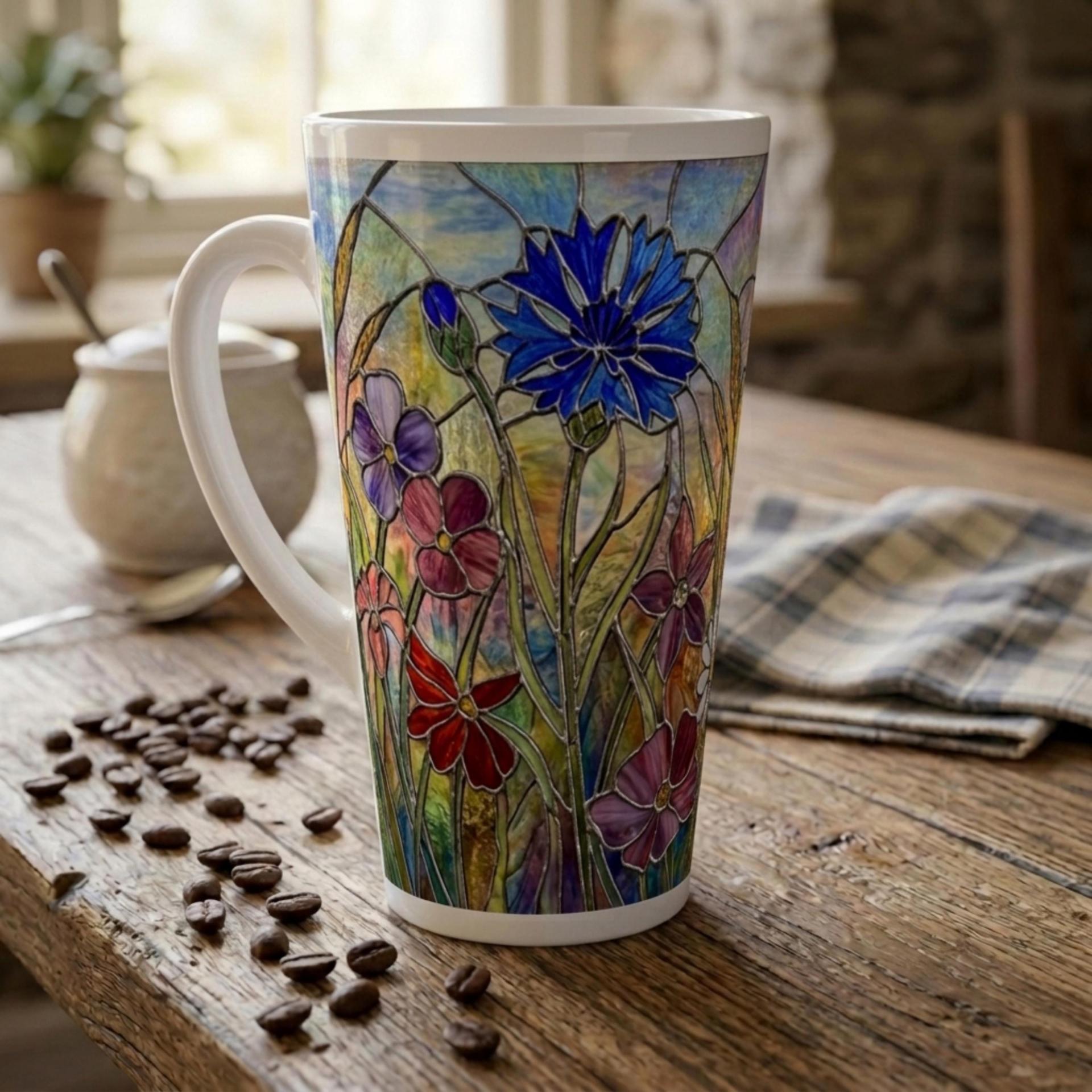 Floral - Large Latte Mug - Coffee or Tea Cup, 17oz Ceramic, Extra Tall